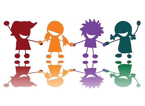 children holding hands in rainbow of colors